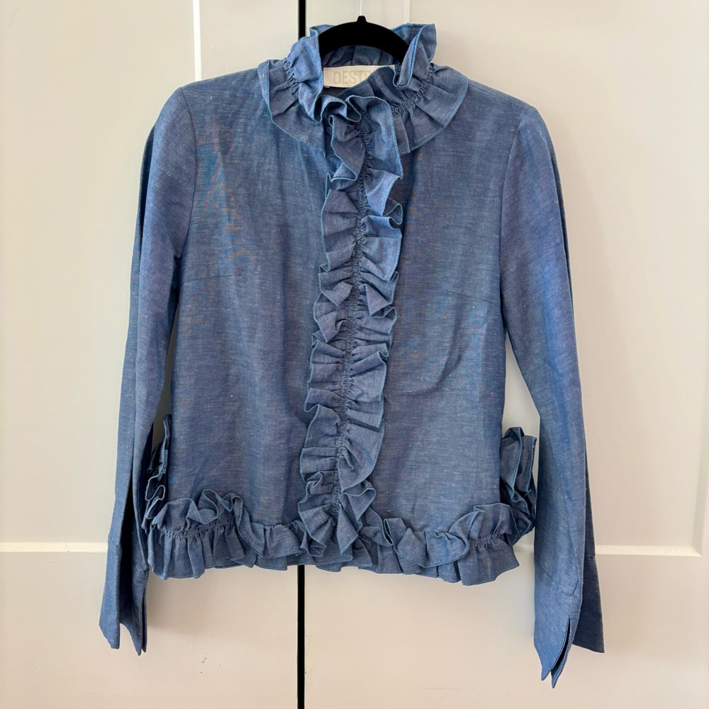 Destree Blue Ruffle Cotton Linen Top